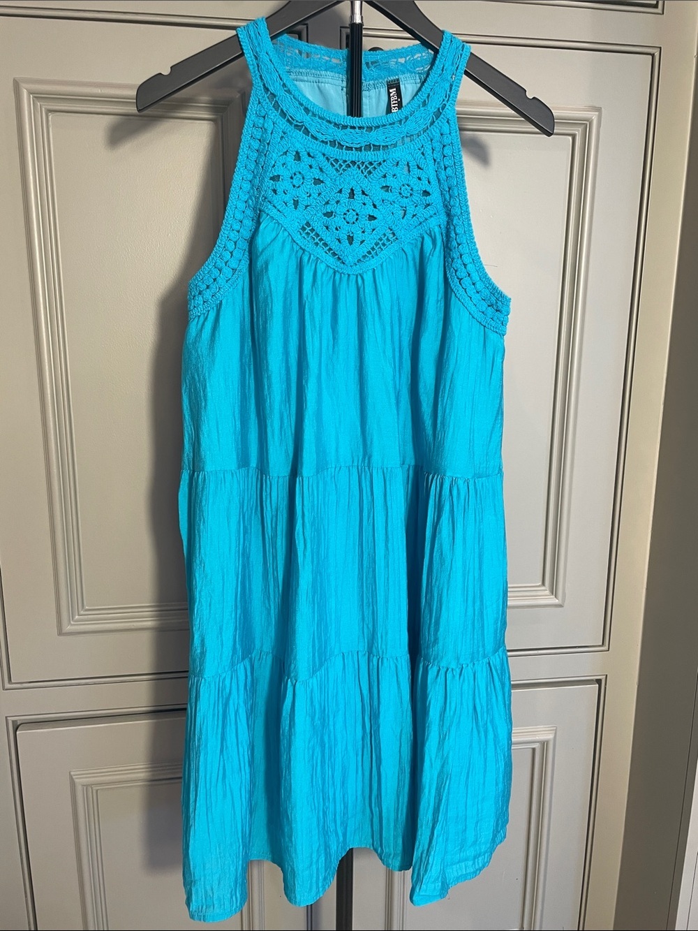 Dopamine Bright Turquoise Crochet Yoke Sleeveless Coastal Sundress Lined
